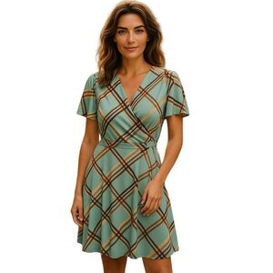 Forever 21 Woven Dress Wrap Waist XS Fit & Flare Turquois Brown Stripped #55